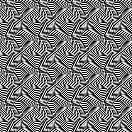 Abstract vector seamless op art pattern with warped triangles and stripes. Graphic ornament in white and black. Striped optical illusion repeating texture.の写真素材