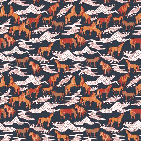 Seamless illustration of relaxing and playful horses in different poses. Vector pattern in shades of yellow, cream, red, brown and black. Designed for scrapbooking, wallpaper, gift wraps, fabric, home decor.の写真素材