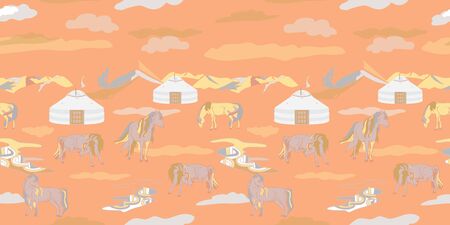 Seamless illustration of mongolian traditional family gers, relaxing and playful horses in different poses, mountains and clouds in a landscape of Mongolia. Vector pattern in shades of yellow, cream, orange, grey and olive. Designed for scrapbooking, wallpaper, gift wraps, fabric, home decor.のイラスト素材