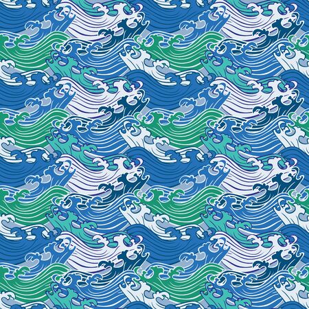 Seamless abstract retro geometric pattern. Vector illustration of stylized blue, green, aqua and crem swirly waves. Ideal for fashion, gift, paper, scrapbooking and fabric.のイラスト素材