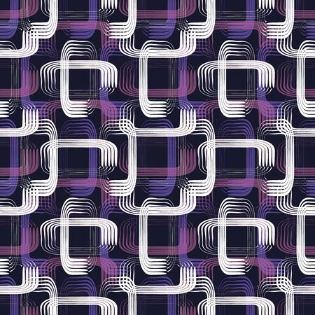 Abstract vector seamless pattern with stylized bright rounded rectangles. Graphic purple, raspberry, lilac, white and black ornaments.のイラスト素材