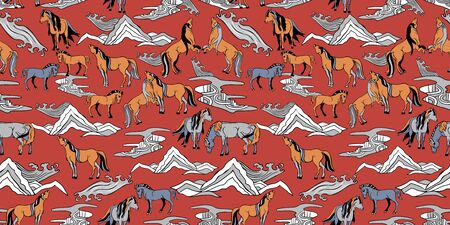 Seamless illustration of relaxing and playful horses in different poses, stylized mountains, hills, winds and rivers. Vector pattern in shades of red, orange, cream, blue and brown. Designed for scrapbooking, wallpaper, gift wraps, fabric, home decor.の写真素材