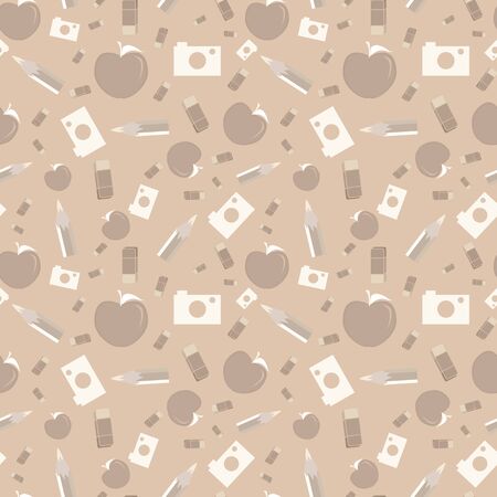 Vector illustration of pencils, cameras, apples and eraser symbols on neutral background. Seamless pattern for back to school supplies, textile, gifts, wallpaper and scrapbooking.の写真素材