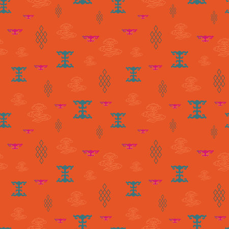 Vector illustration of mongolian traditional symbols, motifs, knots and stylized clouds in bright...