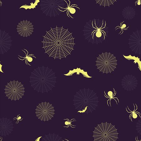 Halloween vector background with spiders, bats, spiderwebs in neon yellow and grey on black background. Seamless pattern for fabric, textile, gifts, wallpaper and scrapbooking.の写真素材