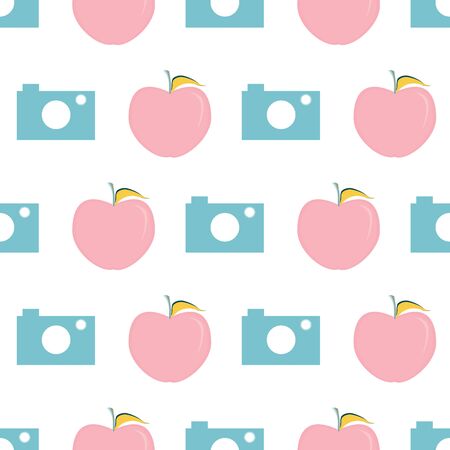 Vector illustration of cameras and apples on white background. Seamless pattern for back to school supplies, textile, gifts, wallpaper and scrapbooking.の写真素材