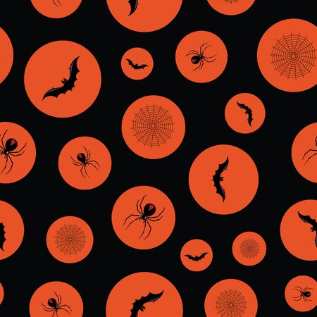 Halloween vector background with spiders, bats, spiderwebs and bubbles in black, red and orange on black background. Seamless pattern for fabric, textile, gifts, wallpaper and scrapbooking.の写真素材