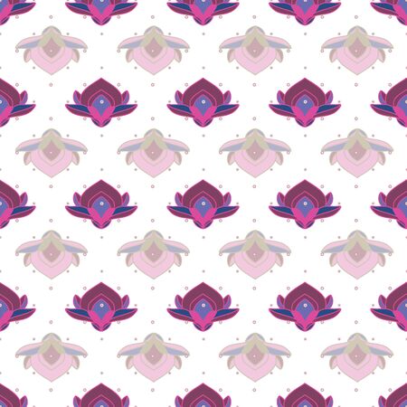 SEAMLESS COLORED ORNATE PATTERN WITH LOTUS FLORAL ELEMENTS, MANDALA ON DOTTED BACKGROUND. VECTOR TEMPLATE FOR FABRIC, WALLPAPER, TILE, WRAPPING, COVERS AND CARPETS.の写真素材