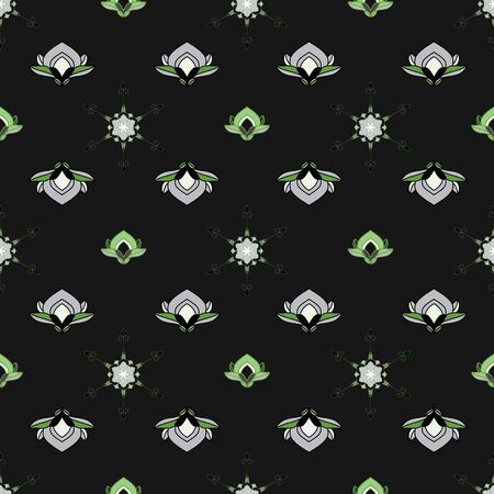 SEAMLESS COLORED ORNATE PATTERN WITH LOTUS FLORAL ELEMENTS, MANDALA ON BLACK BACKGROUND. VECTOR TEMPLATE FOR FABRIC, WALLPAPER, TILE, WRAPPING, COVERS AND CARPETS.の写真素材