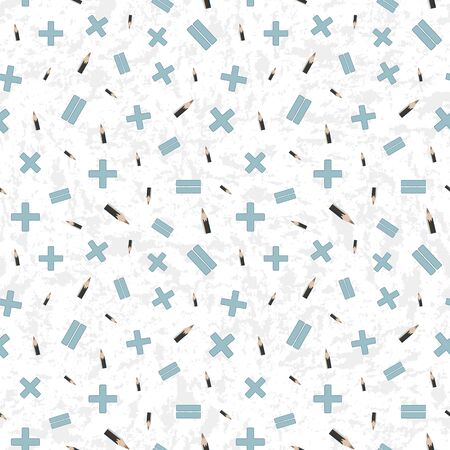 Vector illustration of pencils and math symbols on textured white background. Seamless pattern for back to school supplies, textile, gifts, wallpaper and scrapbooking.の写真素材