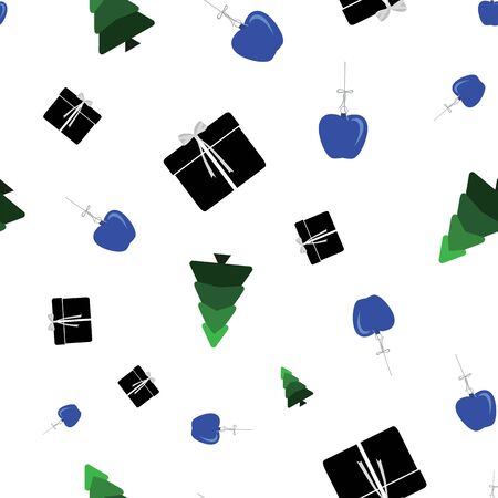Abstract seamless pattern with christmas tree, gifts and ornaments on white background. Vector illustration in shades of blue, green and black. Ideal for gifts, paper, scrapbooking and fabric.の写真素材