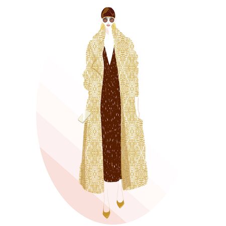 FASHION ILLUSTRATION OF YOUNG, BEAUTIFUL WOMAN WITH STAR PRINTED V NECK DRESS, SUNGLASSES, GOLD EARRINGS, HIGH HEELS, BEANIE HAT AND LOZENGED PRINT OVERSIZED COAT.の写真素材