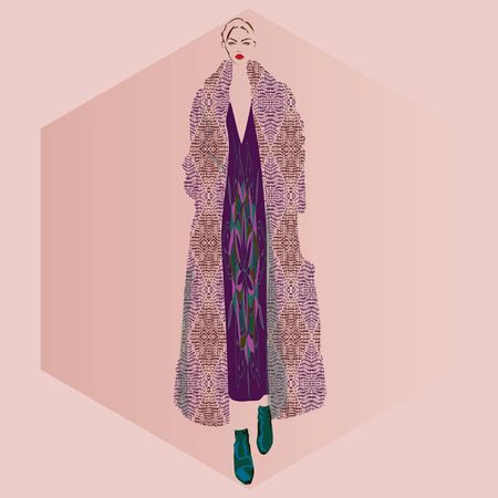 FASHION ILLUSTRATION OF YOUNG, BEAUTIFUL WOMAN WITH ORNATE BIKER RED DRESS AND LOZENGED PRINT OVERSIZED COAT. VECTOR SKETCH ISOLATED FROM BACKGROUND.の写真素材