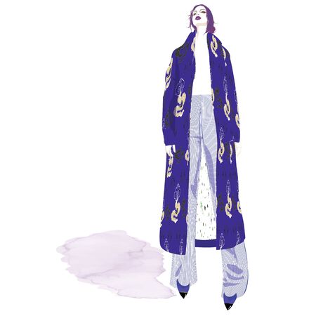 FASHION ILLUSTRATION OF YOUNG, BEAUTIFUL WOMAN WITH MESSY LOW CHIGNON, WIDE LEG STRIPED PANTS, ABSTRACT DRAGON CLOUD PRINTED INDIGO COAT.の写真素材