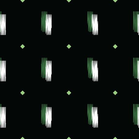 Vector illustration of forest green, lime, white scribbled warped rhombuses and rectangles on black background. Scribble texture, textile rapport. Seamless repeat pattern for gift wrap, textile, fabric, scrapbooking and fashion.の写真素材