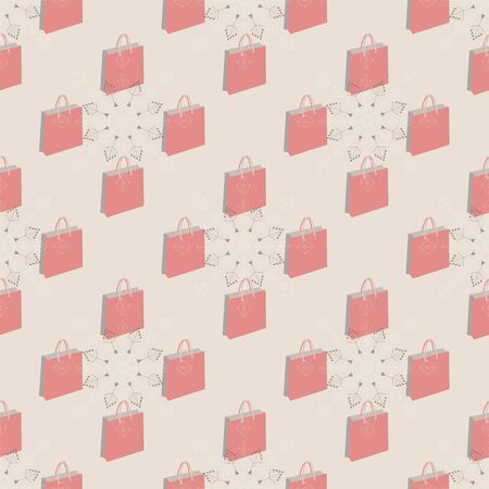 Vector illustration of 3d shopping bags and snowflakes in lilac, pink, coral and grey. Isolated from cream background. Abstract vector seamless pattern for posters, banners, shopping, marketing.の写真素材