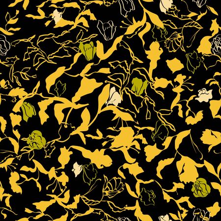 Floral seamless pattern. Vector illustration of abstract leaves, flowers, roses, lilies and hibiscuses in yellow, lime, olive, cream on black background. Designed for fashion, fabric, home decor.の写真素材