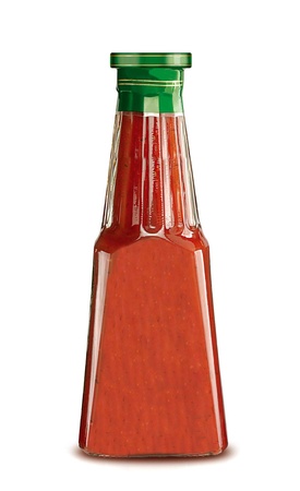 Glass bottle of ketchup isolated on whiteの写真素材