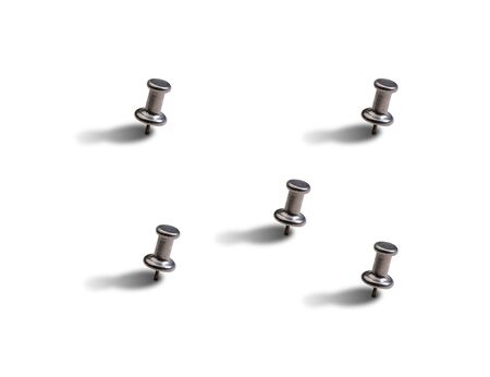grey metal pushpin set isolated on white backgroundの写真素材