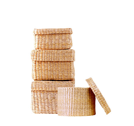 isolated round woven straw basketの写真素材