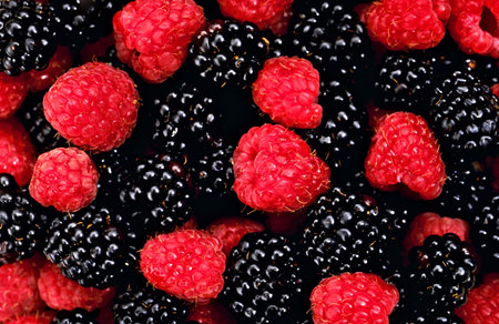 raspberry and blackberry close upの写真素材