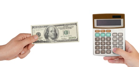 Calculator and hand with 100 dollarsの写真素材