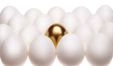 one gold egg lays among common white eggsの写真素材