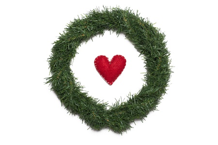 christmas wreath with red heartの写真素材