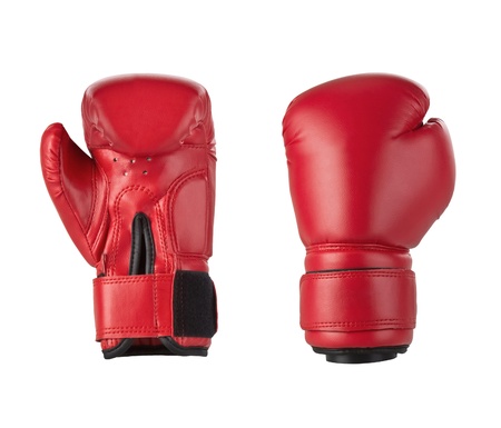 Red boxing gloves isolated on whiteの写真素材