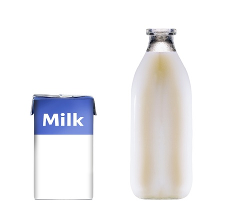 bottle of milk and carton with milk on white backgroundの写真素材