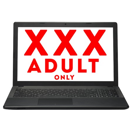 laptop computer painted with hazard warning on screenの写真素材