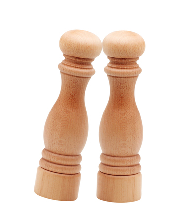 Wood pepper mill isolated on white backgroundの写真素材