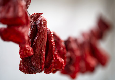 Red peppers hanging to be dried. selective focusの写真素材