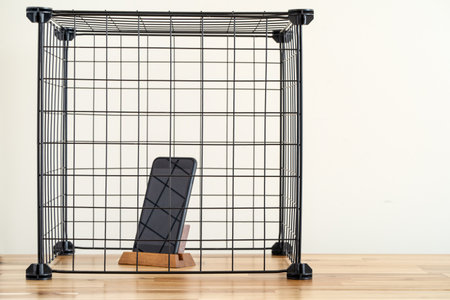 Smartphone standing inside the cage. concept of social media and internet detox.の写真素材