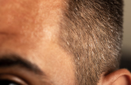Close up photo of a young adult man with gray hair side of his head. early age gray hair problem concept.の写真素材