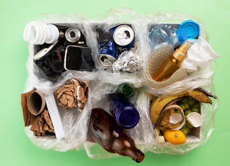 Top view photo of segregated waste materials laid on green isolated background. waste management...