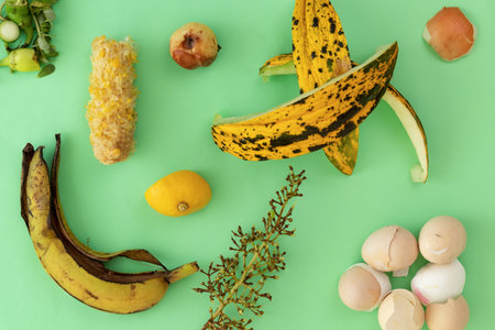 Organic waste materials laid on green isolated background. waste management conceptの写真素材