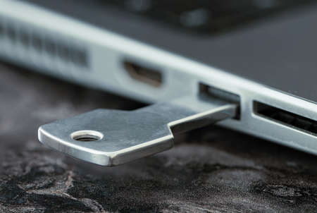 Key shaped flash disk standing on mainboard. Concept of Cyber security on internet.の写真素材