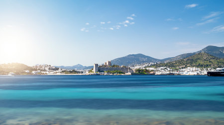 Long exposure photo of Bodrum castle on sunny day. Tourism and leisure concept.のeditorial素材