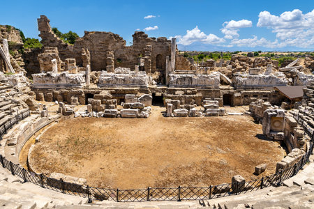 Close up photo of Amphi theater in Side ancient city in Manavgat, Antalya.のeditorial素材