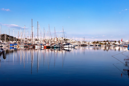 Close up photo of Bodrum marina at sunrise in Bodrum, Mugla, Turkey. Tourism and leisure concept.