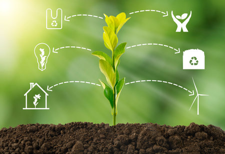 Close up photo of lightbulb with recycle icon with nature background as a symbol of reduce, reuse and recycle of resources. Concept of protect nature, environment, ecosystem.の写真素材