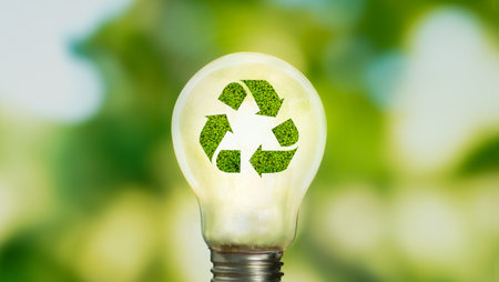Close up photo of shining lightbulb with nature background as a symbol of reduce energy consumption. Concept of save or protect planet or world.の写真素材