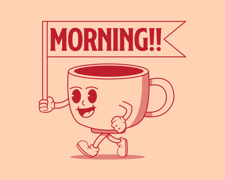 Happy walking retro cartoon cup of coffee. Mascot design template. Vector illustrationのイラスト素材