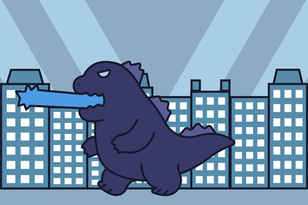 Cartoon dinosaur trying to destroy the city. Vector illustration of a funny dinosaurのイラスト素材