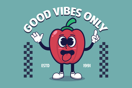 Good Vibes Only. Cute Retro Cartoon Red Bell Pepper character. Vector Illustrationのイラスト素材