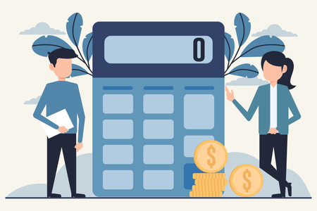 Calculator with coins and business people. Flat design style vector illustrationのイラスト素材