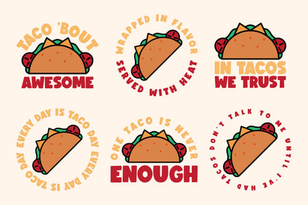 Mexican Food Quote Stickers. Fun Taco Typography Illustration Bundle for Printのイラスト素材
