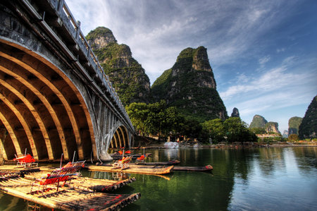 Bamboo raft on the Li river near Yangshuo, Guanxi province, Chinaの写真素材