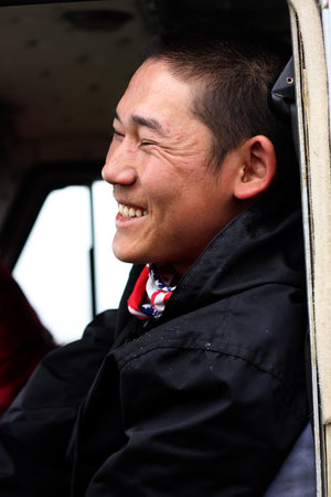 An adventurer person in the Mongolian mountainsの写真素材